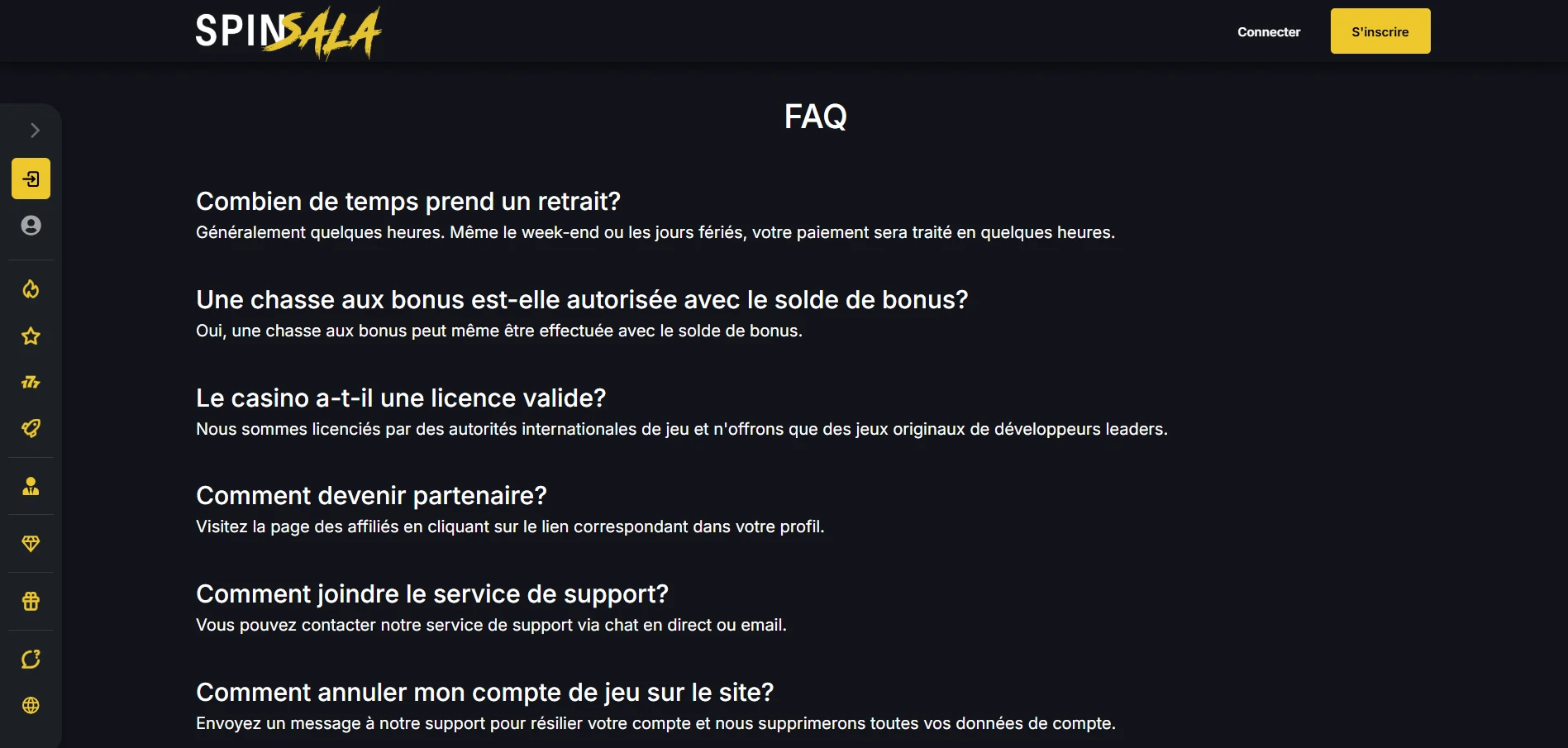 Foire aux questions Spinsala Casino